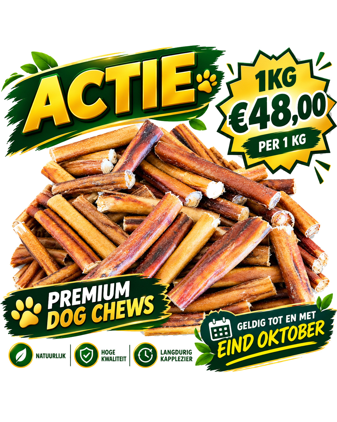 1 KILO Paw Natural Bullepees Bullenpezen Extra Dik 15cm Natural Dental Snack 1KG (+/-32St) - Afbeelding 3